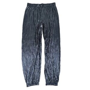 Victoria's Secret Black Hi Rise Plisse Metallic Joggers Slinky Shiney sz M NWOT